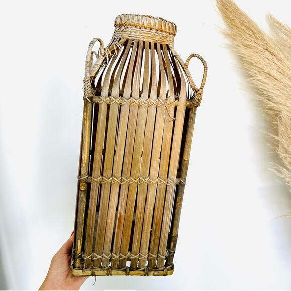 VINTAGE Brown Wood Wicker Woven Tall Basket Accent Decor Vase Handles Y2K 90s - Picture 5 of 8